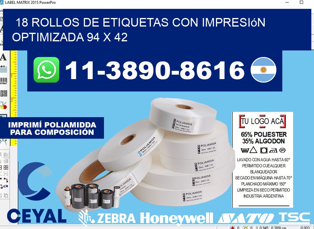 18 rollos de etiquetas con impresión optimizada 94 x 42