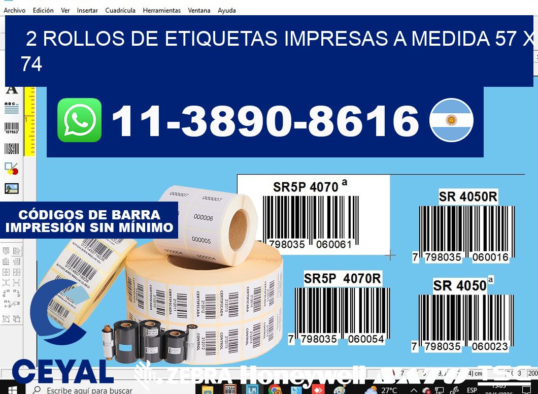 2 rollos de etiquetas impresas a medida 57 x 74