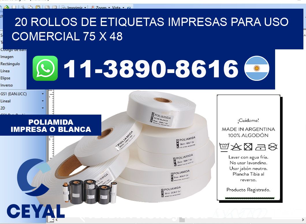 20 rollos de etiquetas impresas para uso comercial 75 x 48
