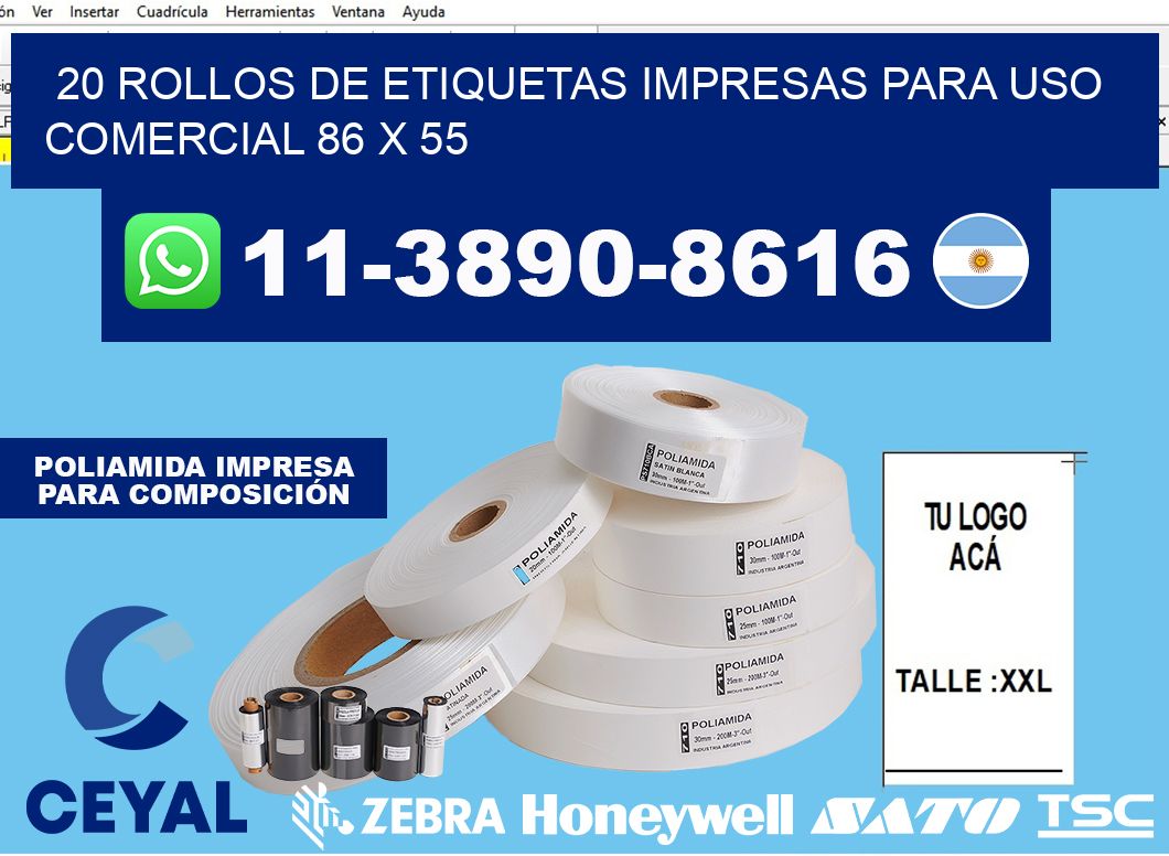 20 rollos de etiquetas impresas para uso comercial 86 x 55
