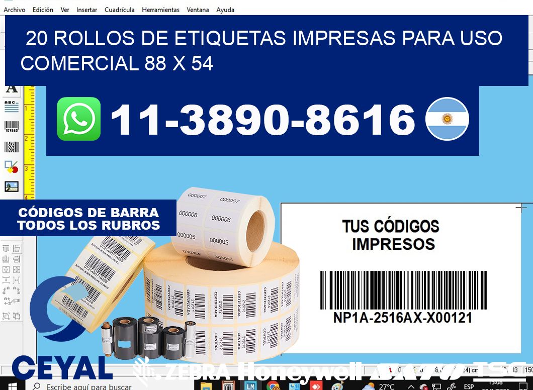 20 rollos de etiquetas impresas para uso comercial 88 x 54