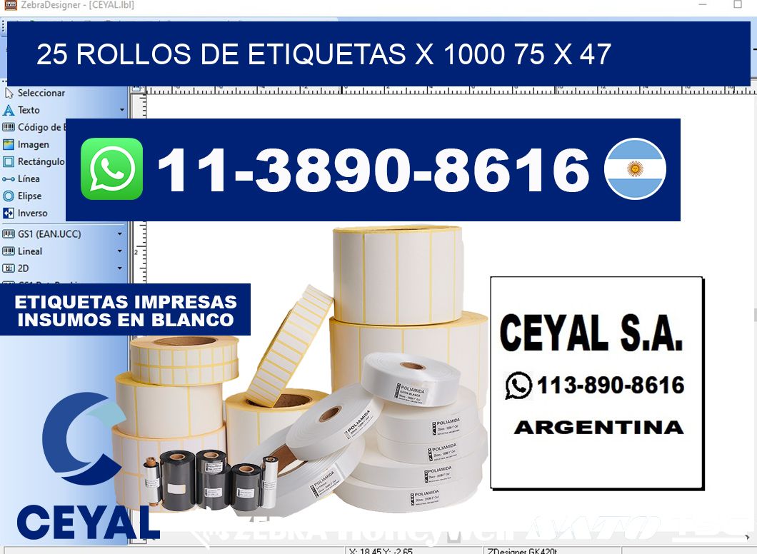 25 rollos de etiquetas x 1000 75 x 47