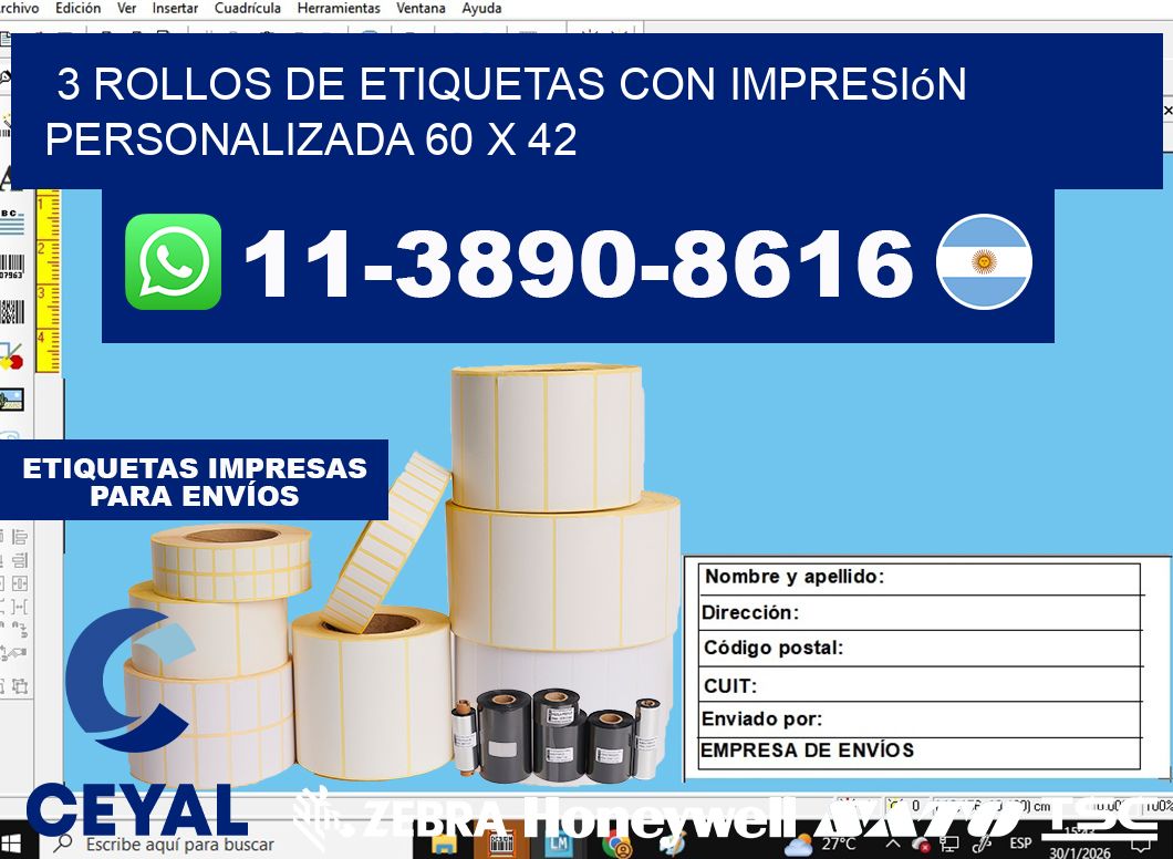 3 rollos de etiquetas con impresión personalizada 60 x 42
