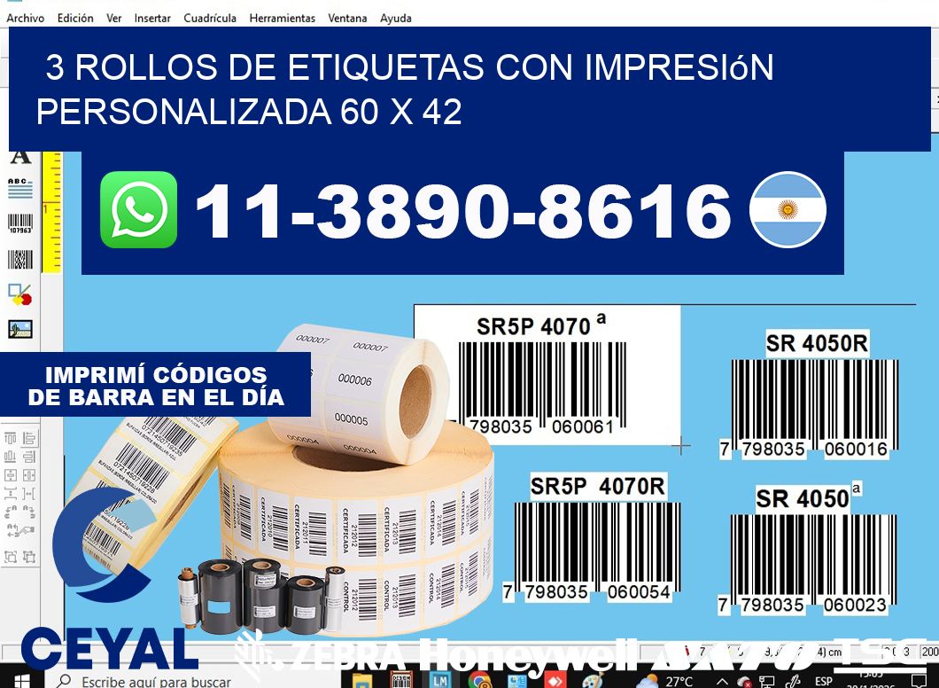 3 rollos de etiquetas con impresión personalizada 60 x 42