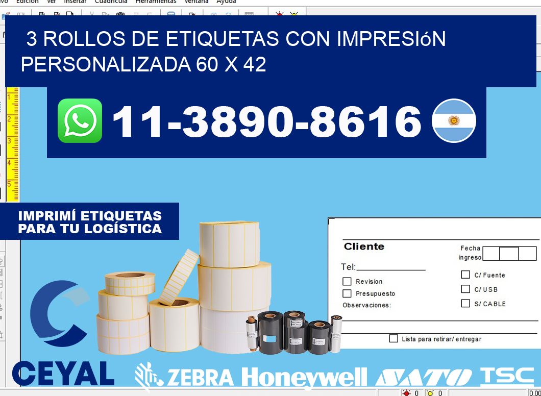 3 rollos de etiquetas con impresión personalizada 60 x 42