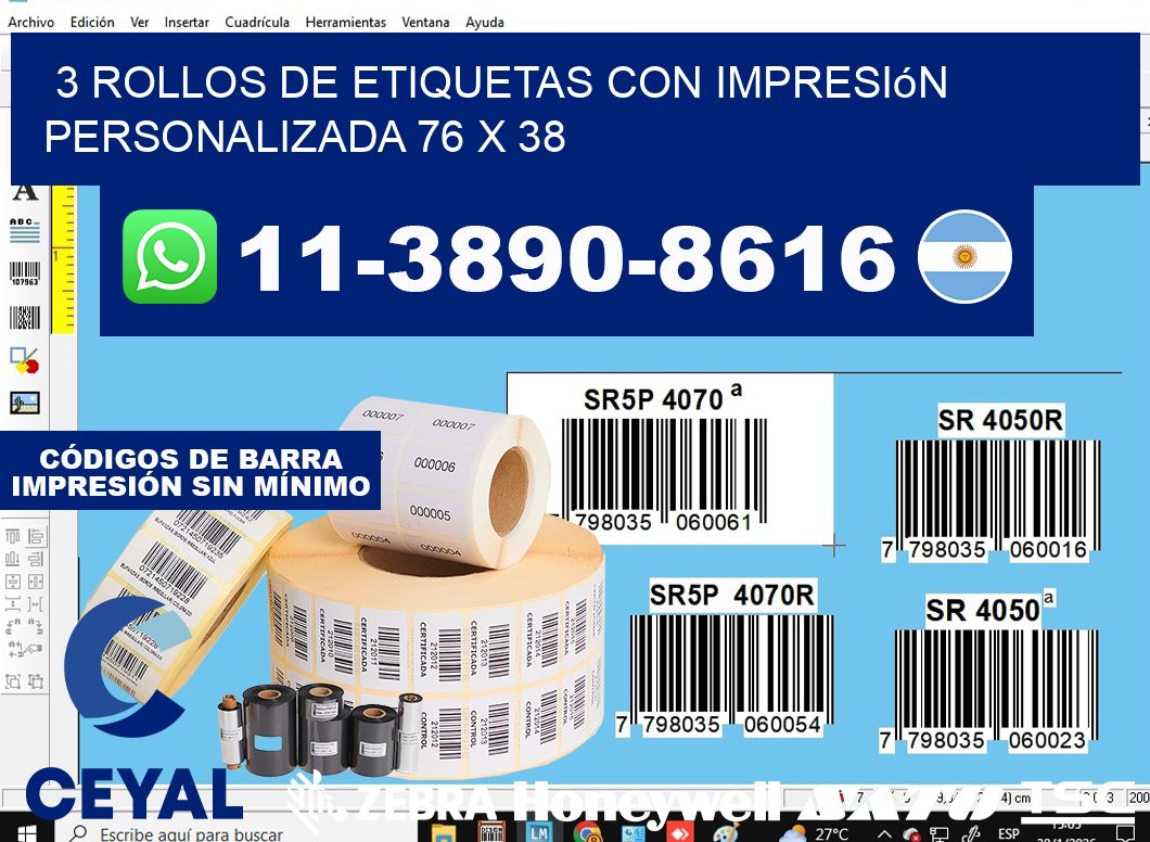 3 rollos de etiquetas con impresión personalizada 76 x 38