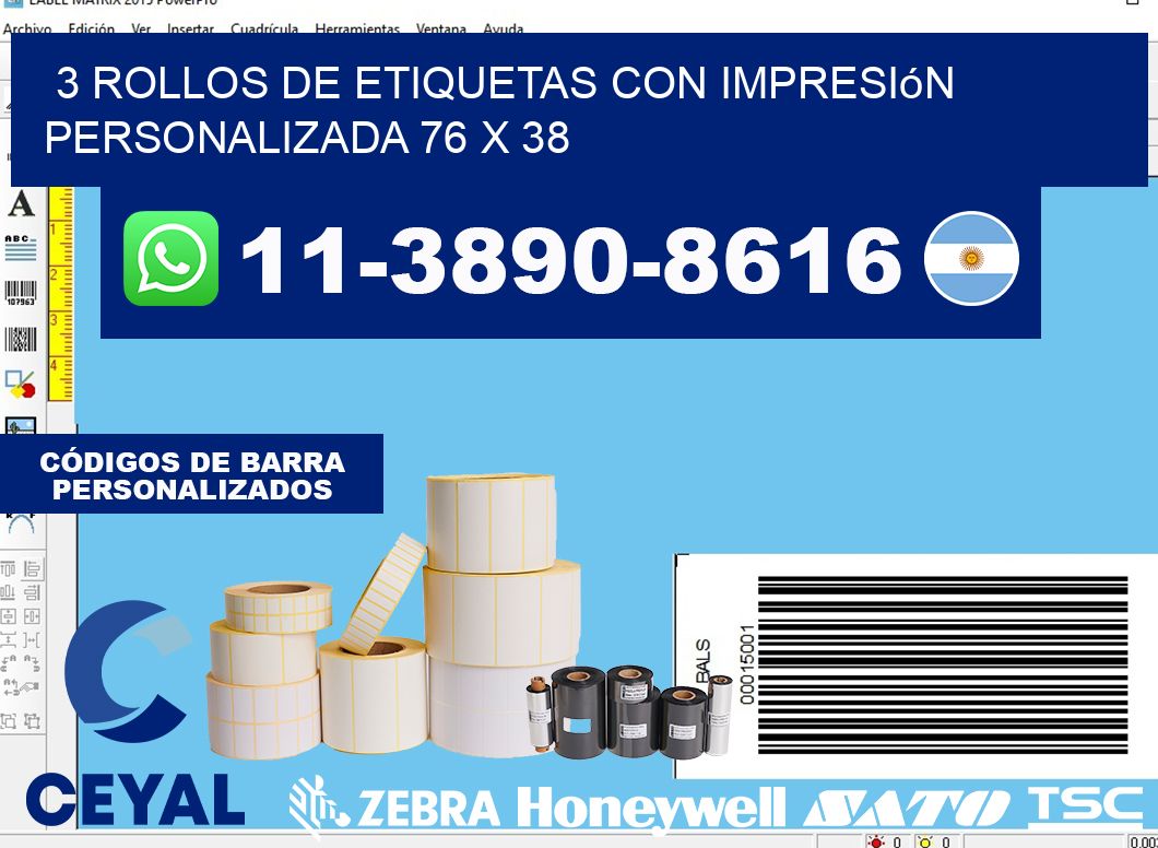 3 rollos de etiquetas con impresión personalizada 76 x 38