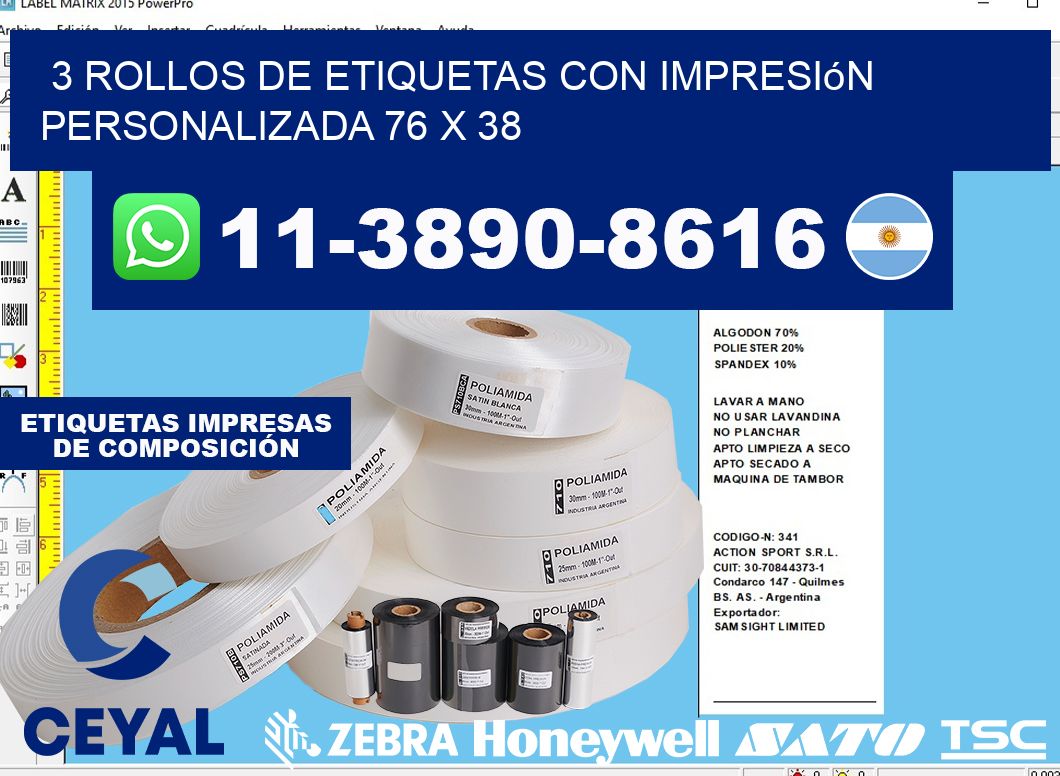 3 rollos de etiquetas con impresión personalizada 76 x 38
