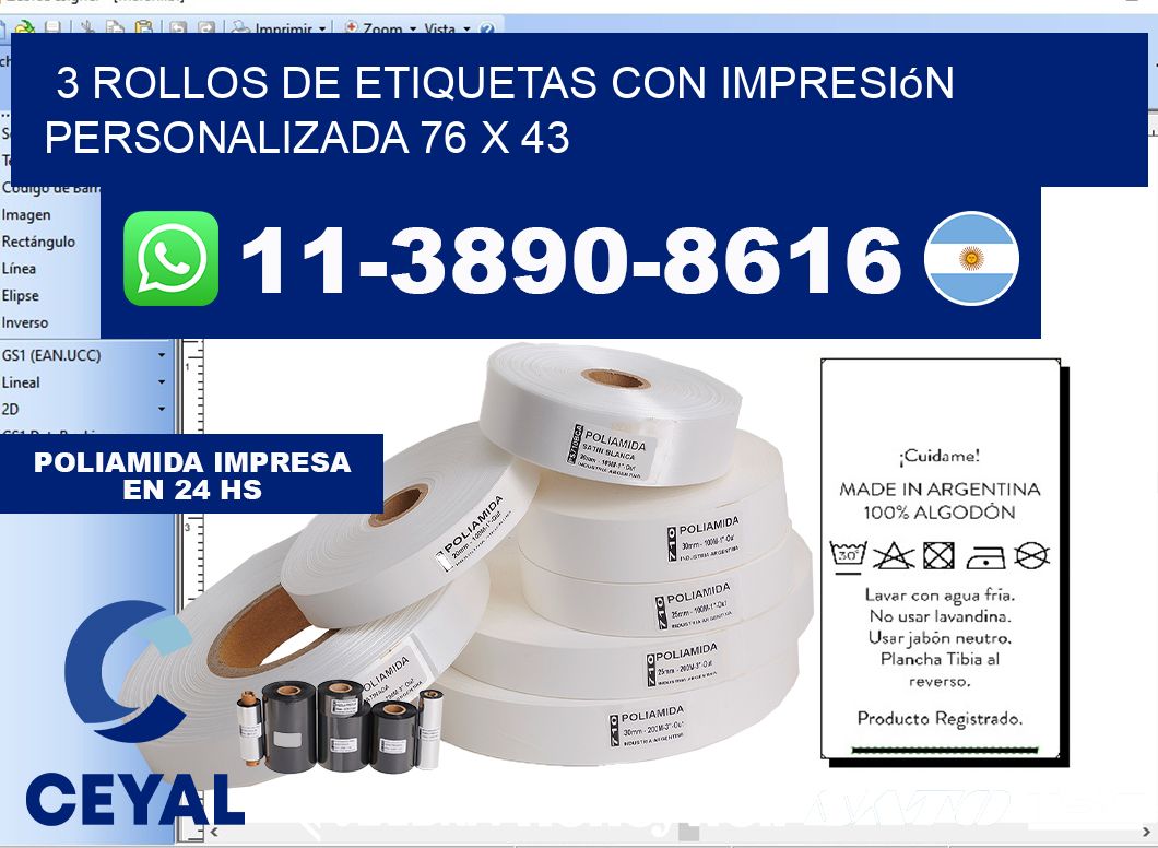 3 rollos de etiquetas con impresión personalizada 76 x 43
