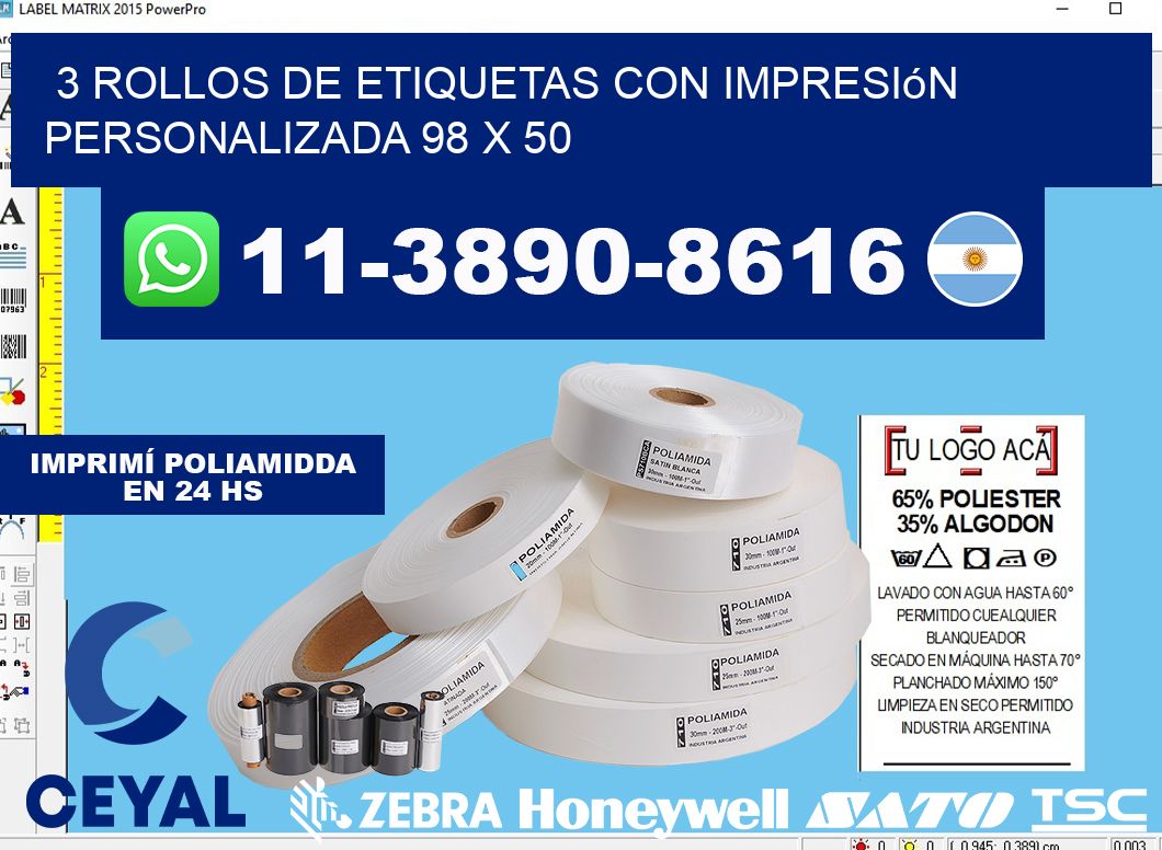 3 rollos de etiquetas con impresión personalizada 98 x 50