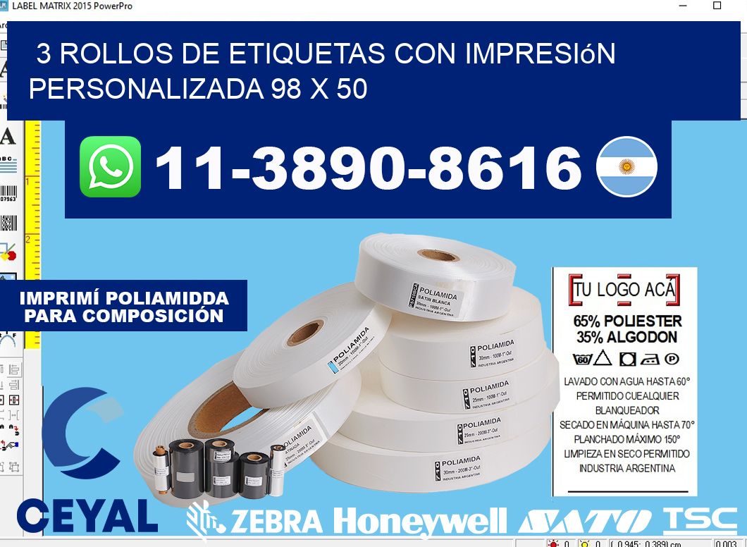3 rollos de etiquetas con impresión personalizada 98 x 50