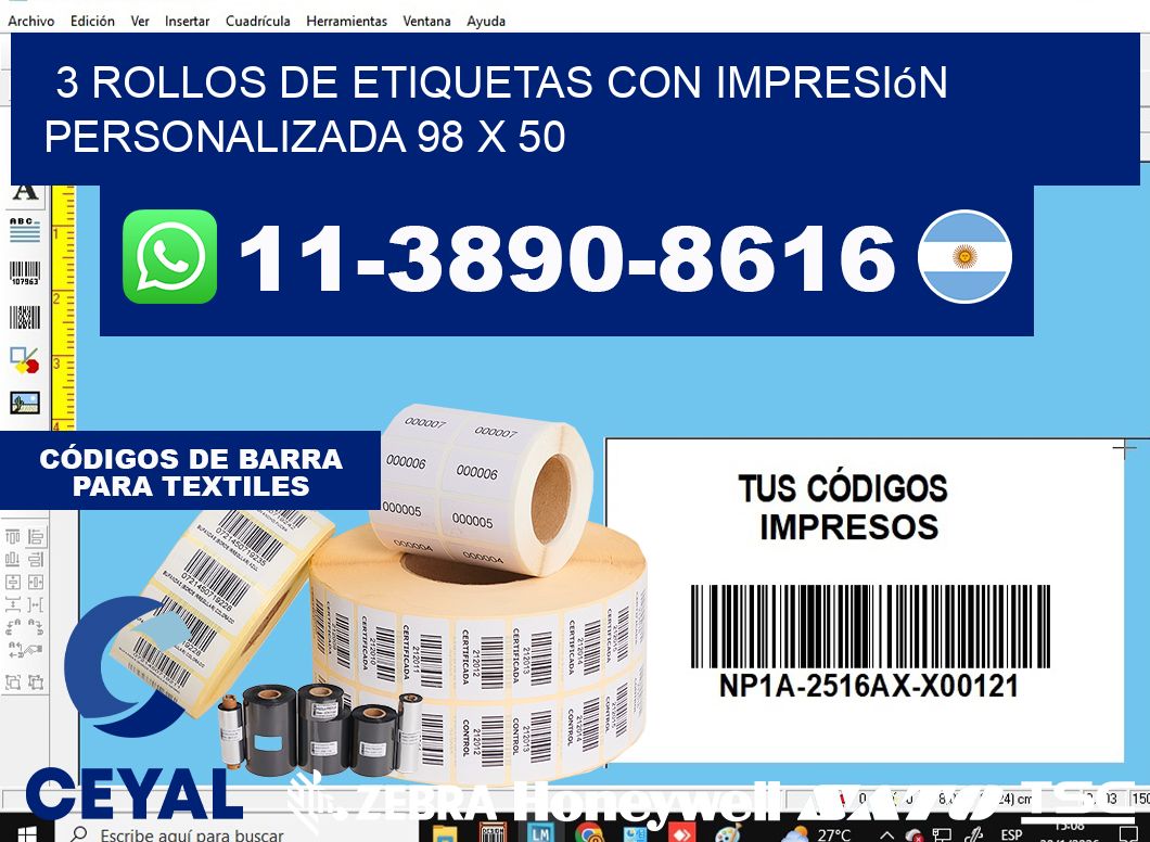 3 rollos de etiquetas con impresión personalizada 98 x 50