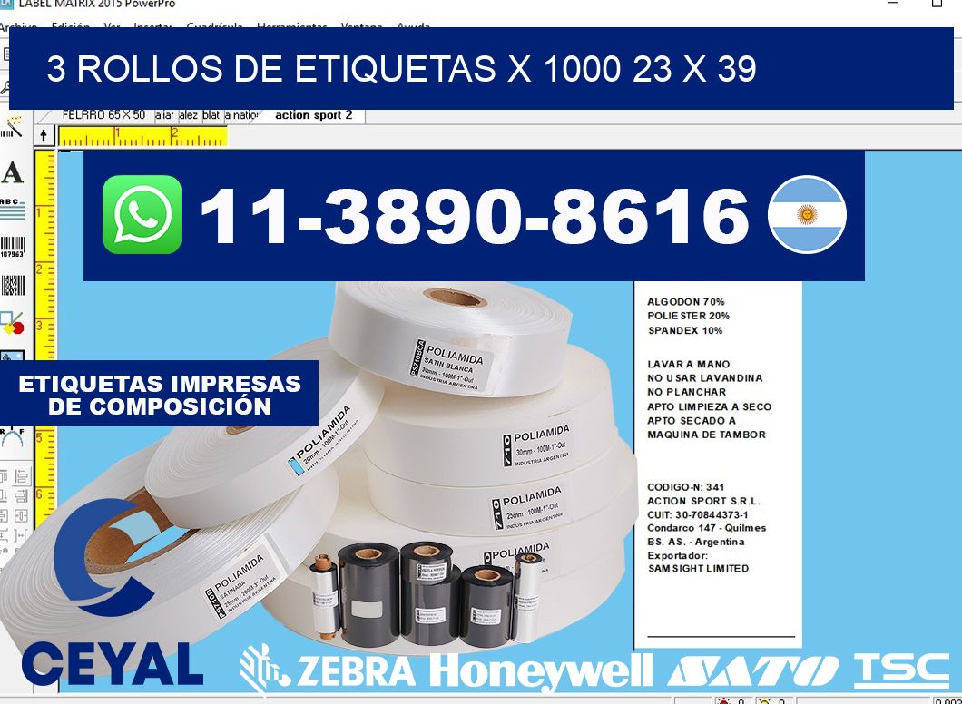 3 rollos de etiquetas x 1000 23 x 39