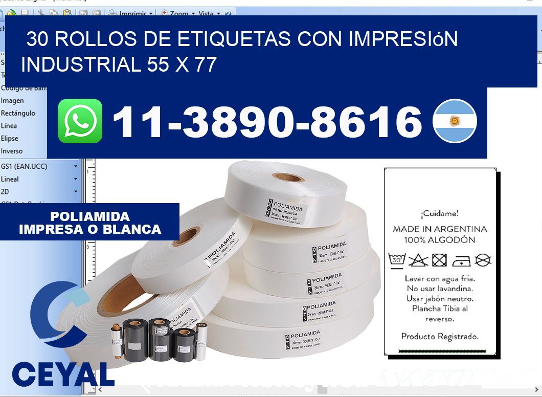 30 rollos de etiquetas con impresión industrial 55 x 77