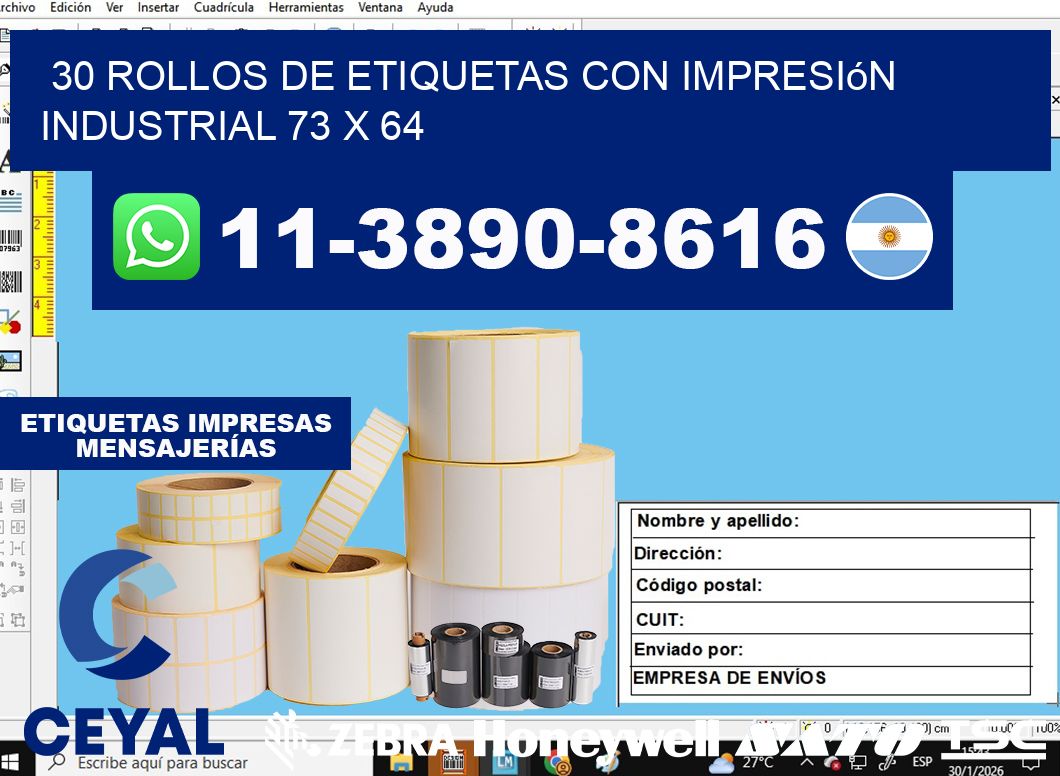 30 rollos de etiquetas con impresión industrial 73 x 64