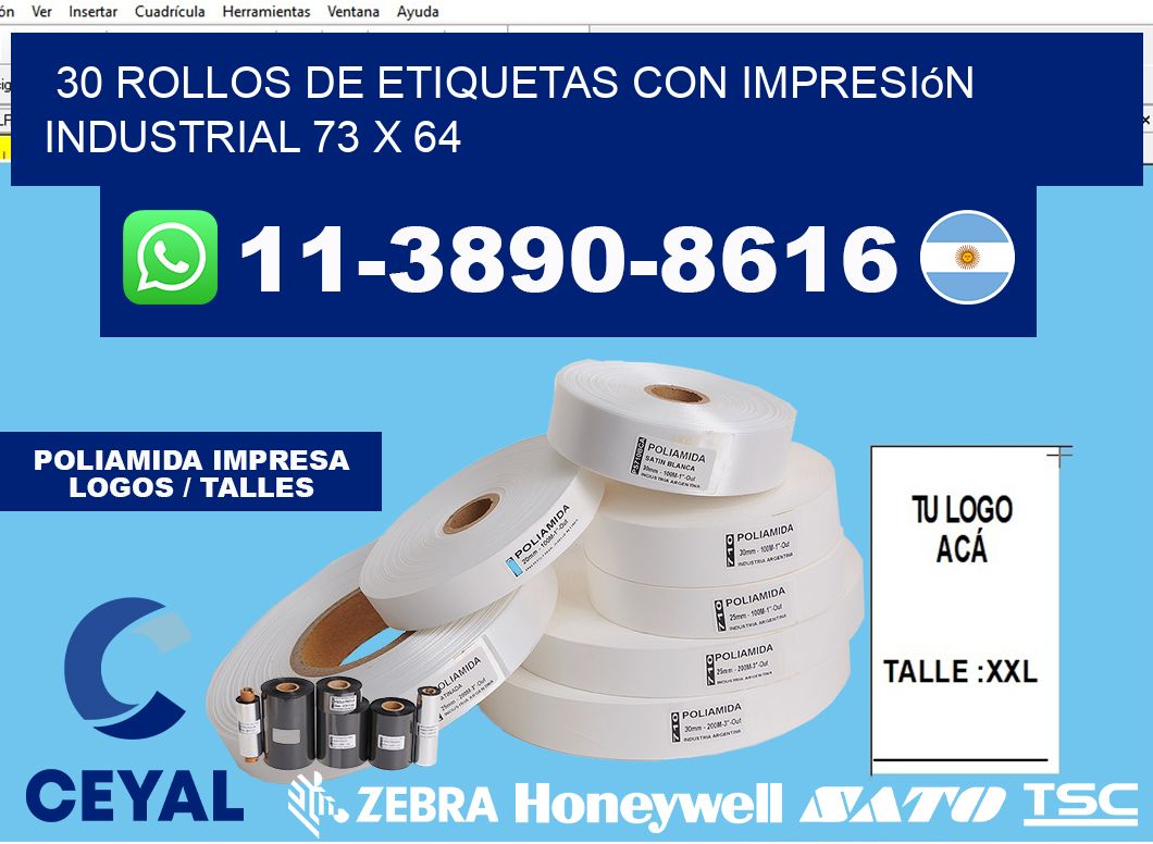 30 rollos de etiquetas con impresión industrial 73 x 64