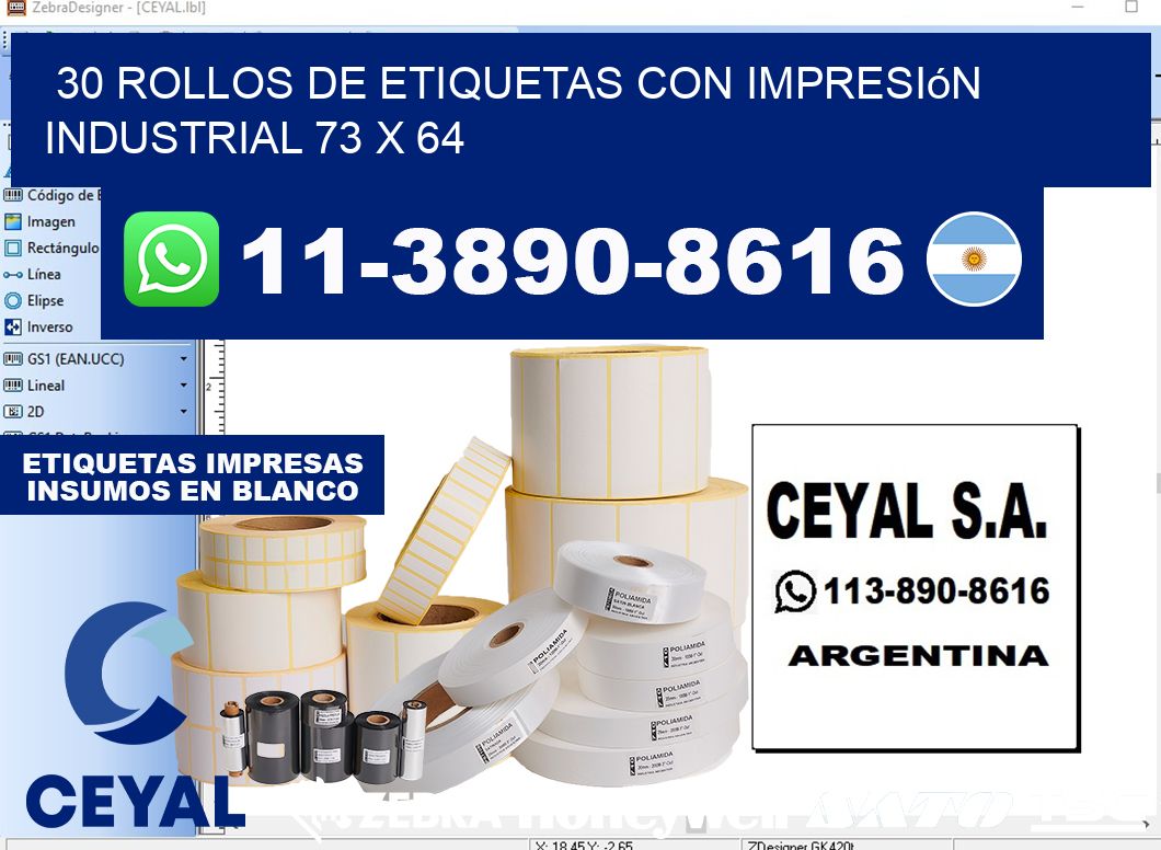 30 rollos de etiquetas con impresión industrial 73 x 64