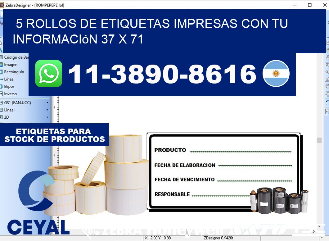 5 rollos de etiquetas impresas con tu información 37 x 71