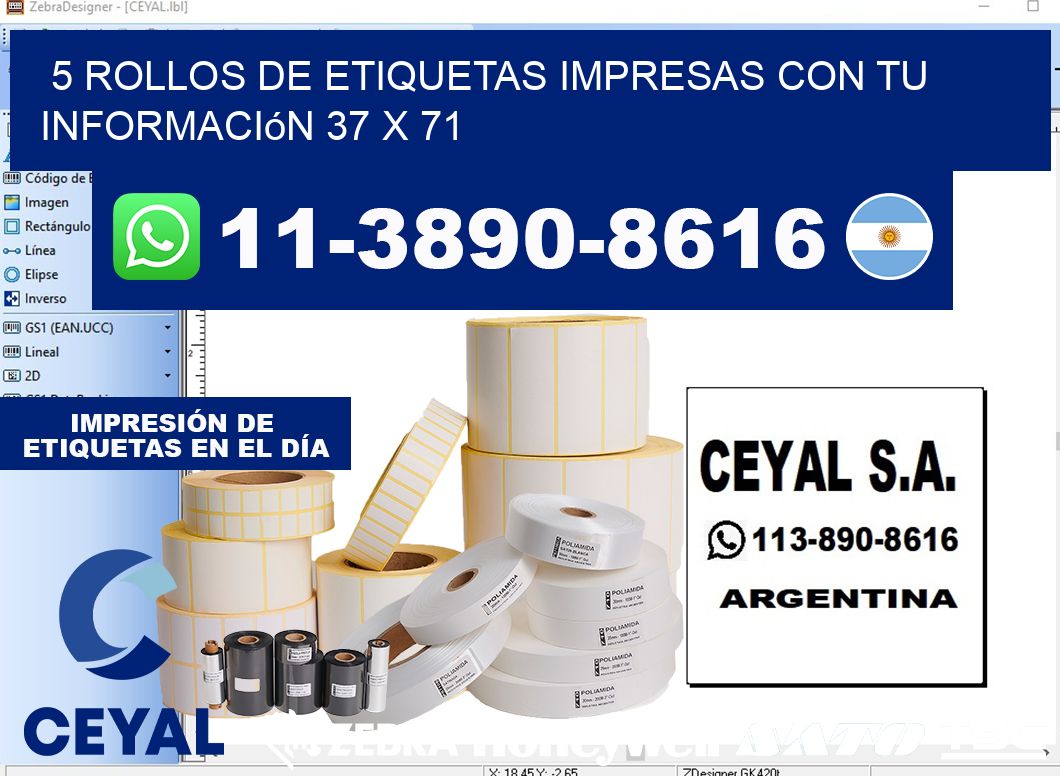 5 rollos de etiquetas impresas con tu información 37 x 71