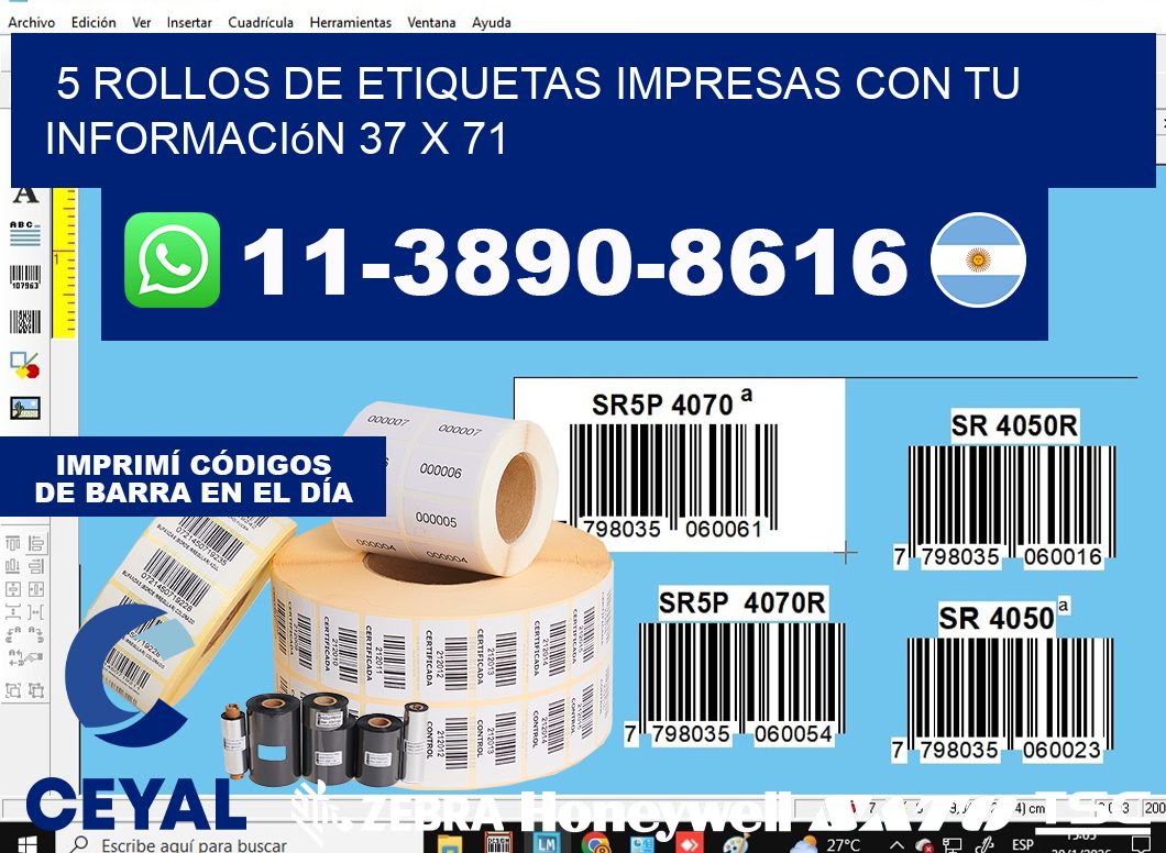 5 rollos de etiquetas impresas con tu información 37 x 71