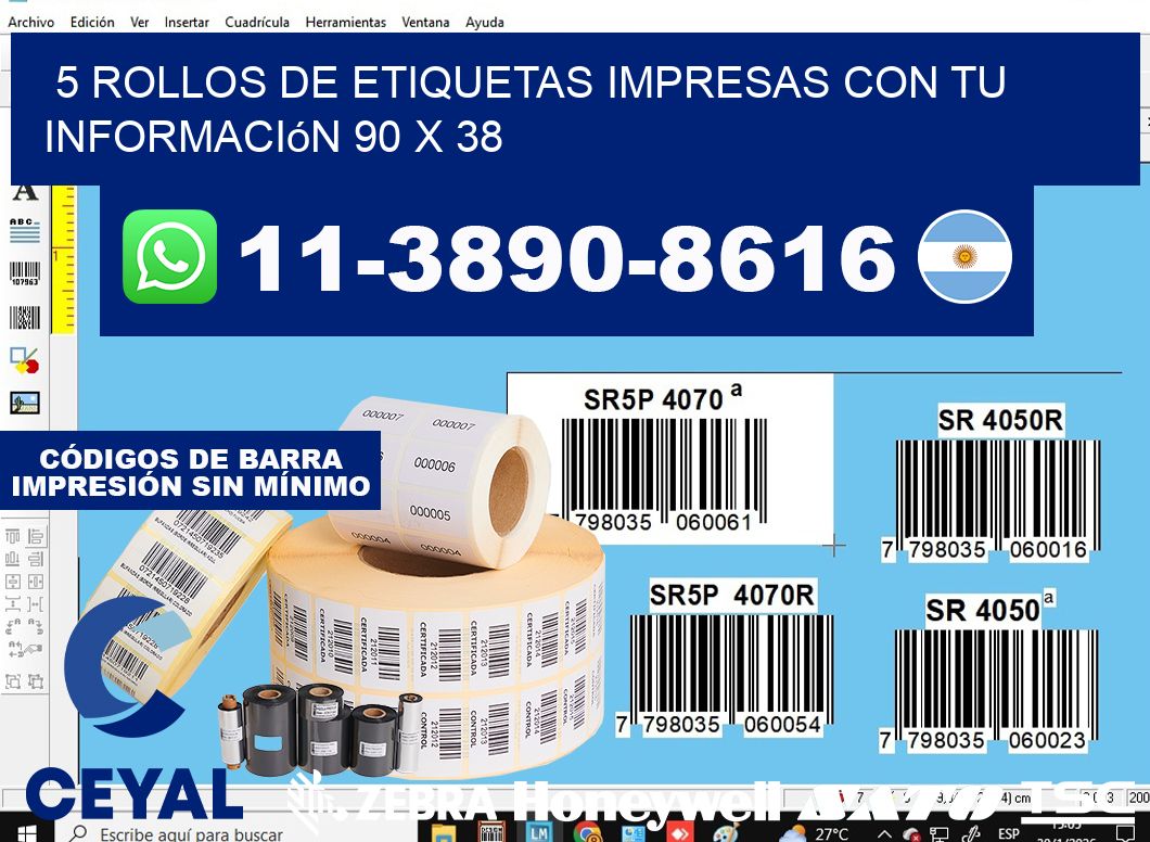 5 rollos de etiquetas impresas con tu información 90 x 38