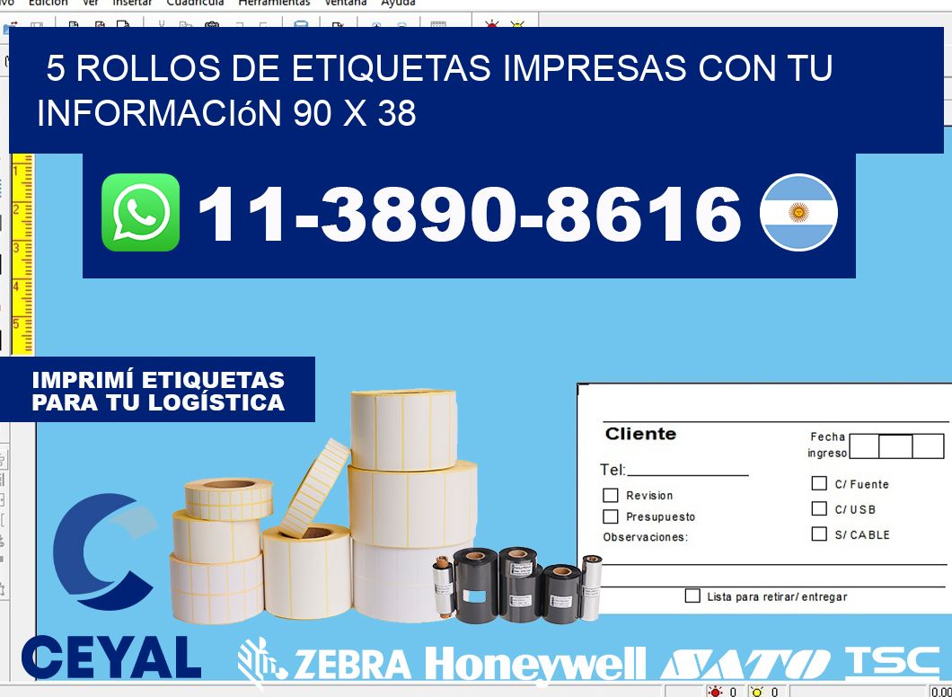 5 rollos de etiquetas impresas con tu información 90 x 38