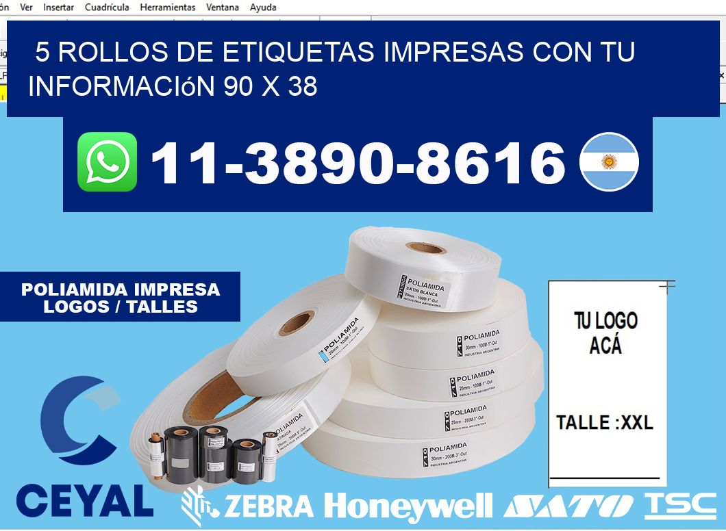 5 rollos de etiquetas impresas con tu información 90 x 38