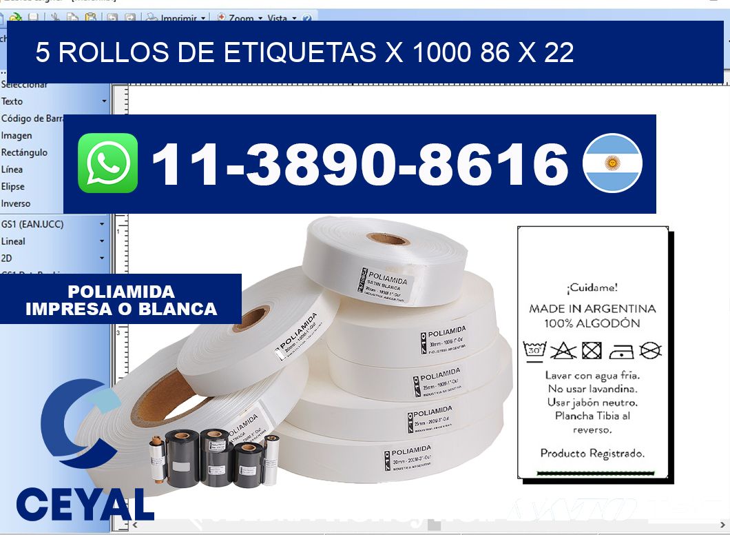 5 rollos de etiquetas x 1000 86 x 22