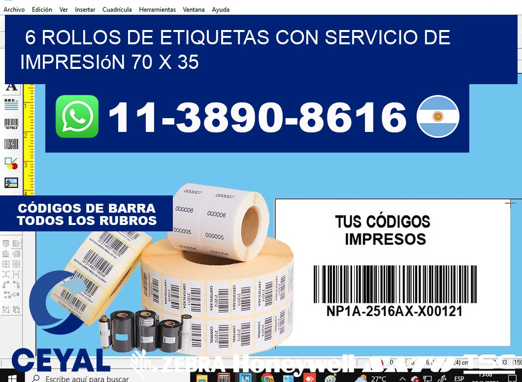 6 rollos de etiquetas con servicio de impresión 70 x 35