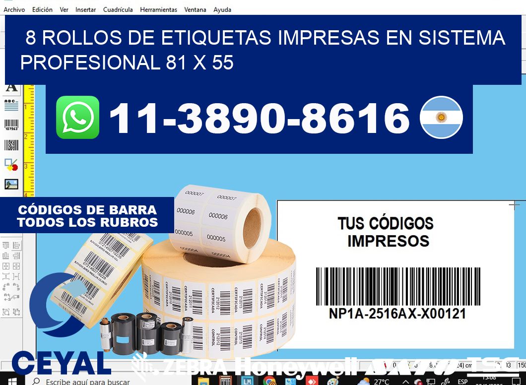 8 rollos de etiquetas impresas en sistema profesional 81 x 55